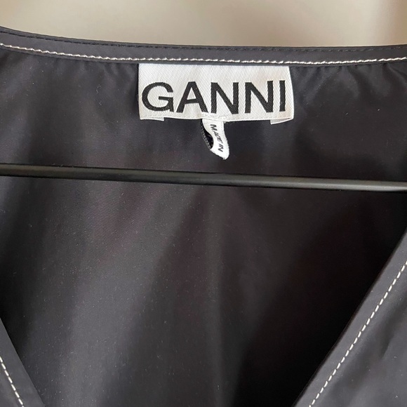 NWOT Ganni SZ 42 Black Recycled Polyester Puff Sleeve Rhinestone Snap Dress! - Picture 3 of 12